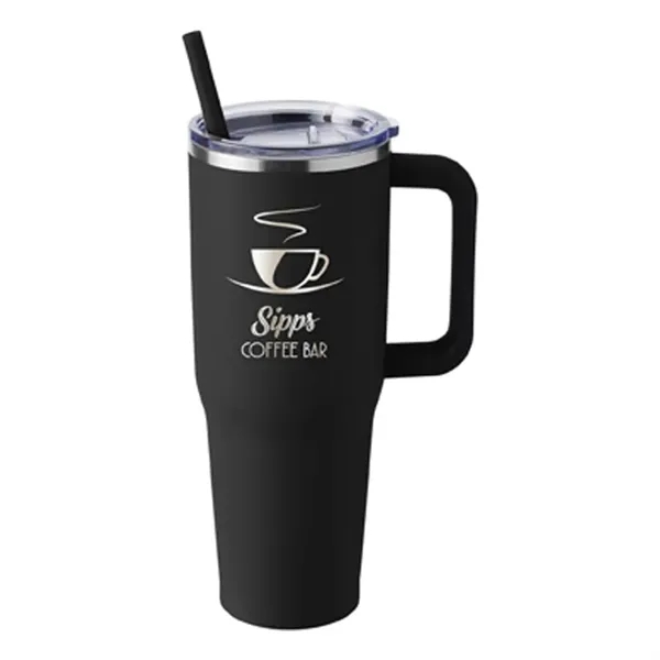 40-ounce travel mug with double-wall vacuum insulation, slide-open lid, and straw.... from ASI 79530 Prime Line