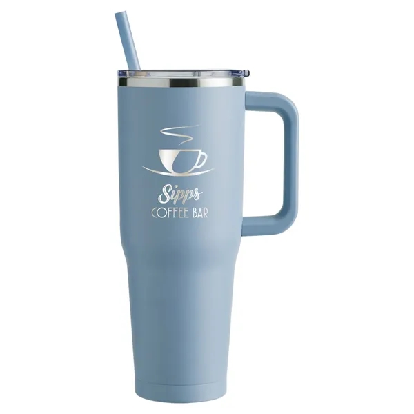 40-ounce travel mug with double-wall vacuum insulation, slide-open lid, and straw.... from ASI 79530 Prime Line