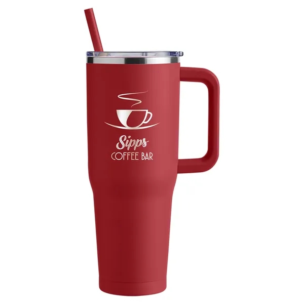 40-ounce travel mug with double-wall vacuum insulation, slide-open lid, and straw.... from ASI 79530 Prime Line