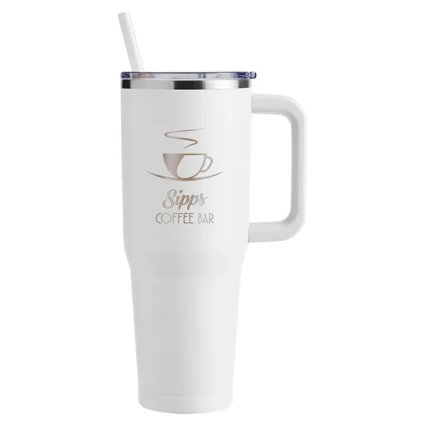 40-ounce travel mug with double-wall vacuum insulation, slide-open lid, and straw.... from ASI 79530 Prime Line