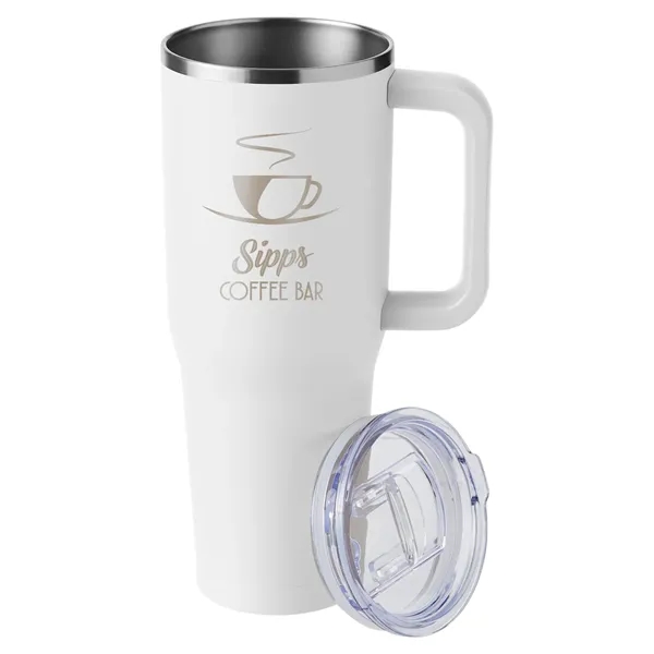 40-ounce travel mug with double-wall vacuum insulation, slide-open lid, and straw.... from ASI 79530 Prime Line