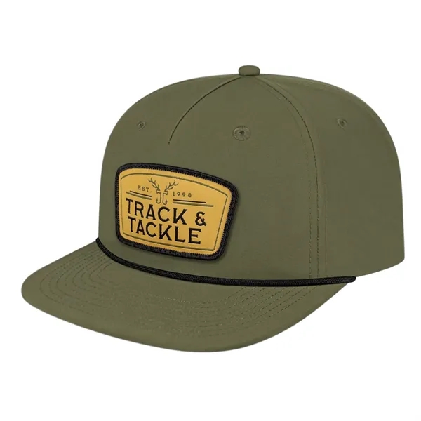 Medium profile five panel structured cap with a modified flat visor... from ASI 43792 Cap America Inc