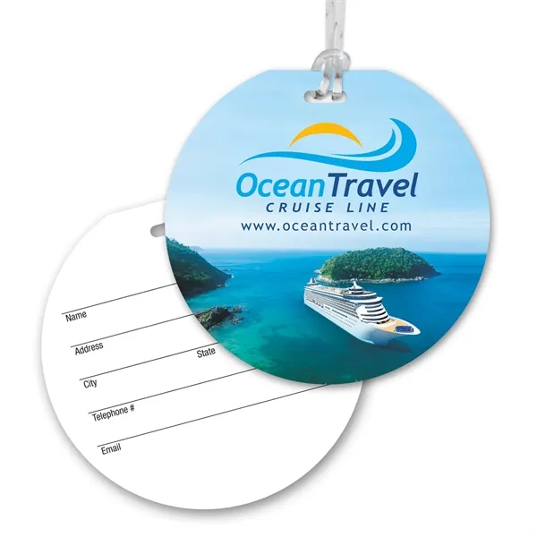 Round luggage tag with sports theme, clear strap and four color... from ASI 68507 The Magnet Group / Magnet LLC™