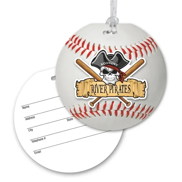 Round luggage tag with sports theme, clear strap and four color... from ASI 68507 The Magnet Group / Magnet LLC™