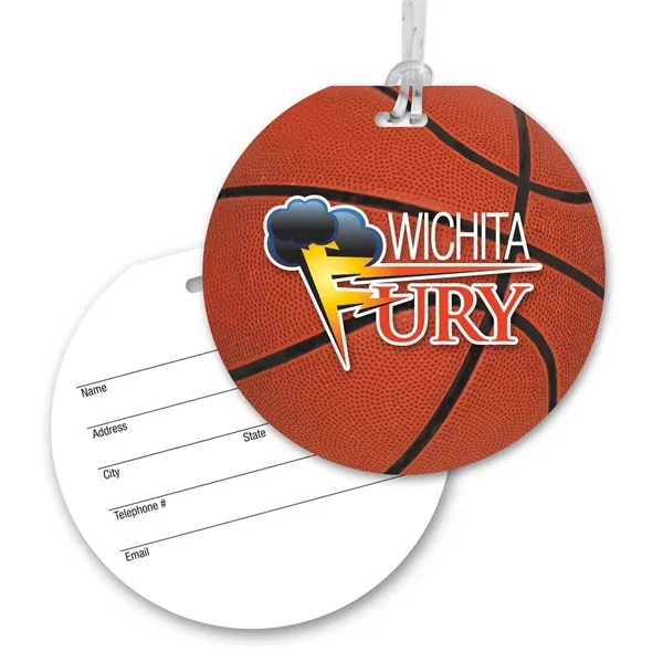 Round luggage tag with sports theme, clear strap and four color... from ASI 68507 The Magnet Group / Magnet LLC™