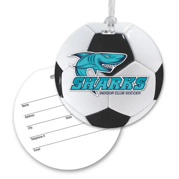 Round luggage tag with sports theme, clear strap and four color... from ASI 68507 The Magnet Group / Magnet LLC™