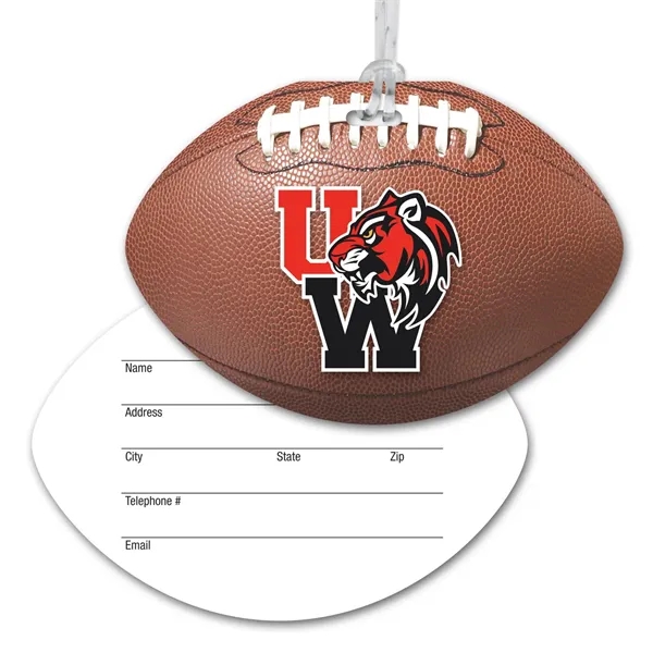 Football shaped luggage tag with clear strap and four color process... from ASI 68507 The Magnet Group / Magnet LLC™