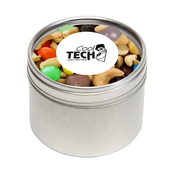 Skittles® packed inside a small round window tin with customization options.... from ASI 68507 The Magnet Group / The 1919 Candy Company