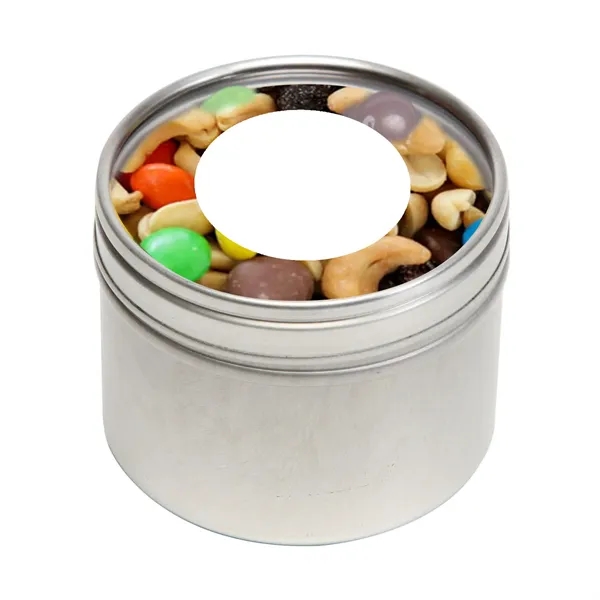Skittles® packed inside a small round window tin with customization options.... from ASI 68507 The Magnet Group / The 1919 Candy Company