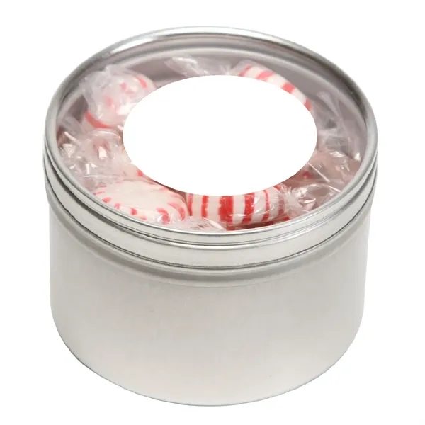 Tootsie Rolls® packed inside a large round window tin with customization.... from ASI 68507 The Magnet Group / The 1919 Candy Company