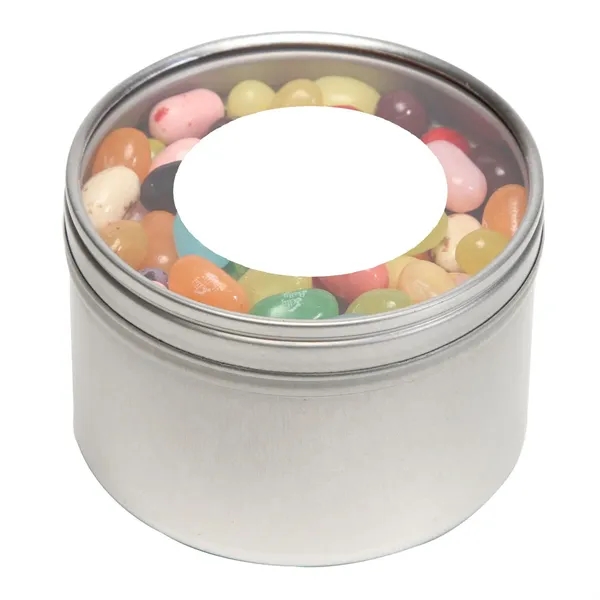 Tootsie Rolls® packed inside a large round window tin with customization.... from ASI 68507 The Magnet Group / The 1919 Candy Company