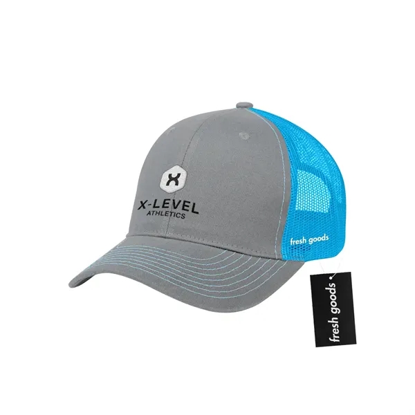 Cotton twill mesh back cap with a Fresh Goods hang tag.... from ASI 61125 Hit Promotional Products / Hit®