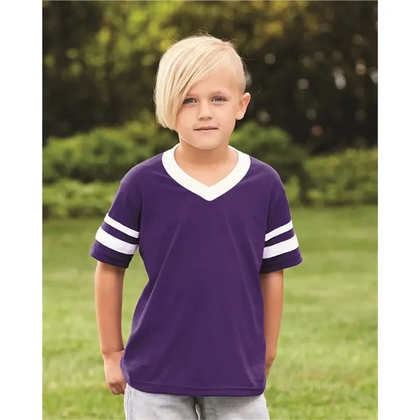 Youth V-neck jersey with striped sleeves featuring double-needle stitching and contrast... from ASI 84358 S&S Activewear