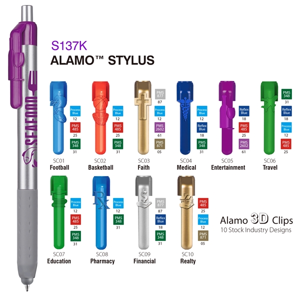 Alamo™ plunger-action pen with a silver barrel, grip, and stylus.... from ASI 82498 RiteLine LLC