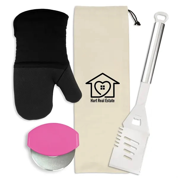 Gift set includes a stainless steel spatula, cotton neoprene oven mitt,... from ASI 54040 Fey Promo