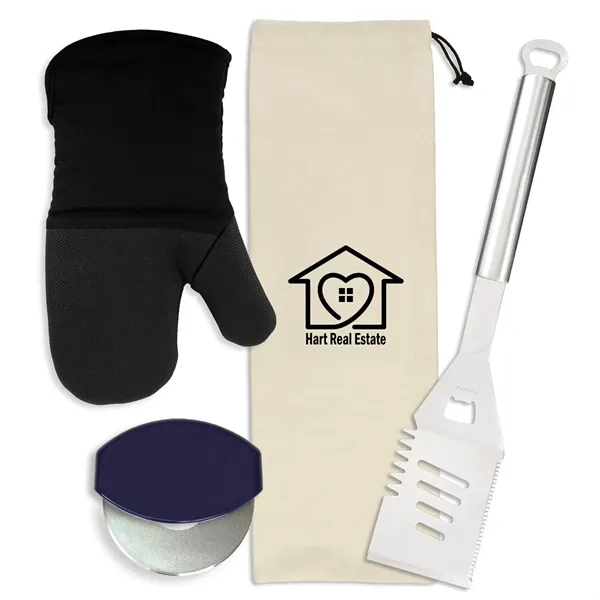 Gift set includes a stainless steel spatula, cotton neoprene oven mitt,... from ASI 54040 Fey Promo