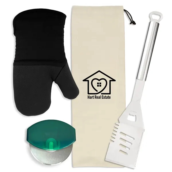Gift set includes a stainless steel spatula, cotton neoprene oven mitt,... from ASI 54040 Fey Promo