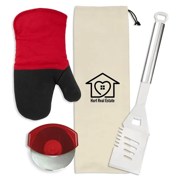 Gift set includes a stainless steel spatula, cotton neoprene oven mitt,... from ASI 54040 Fey Promo