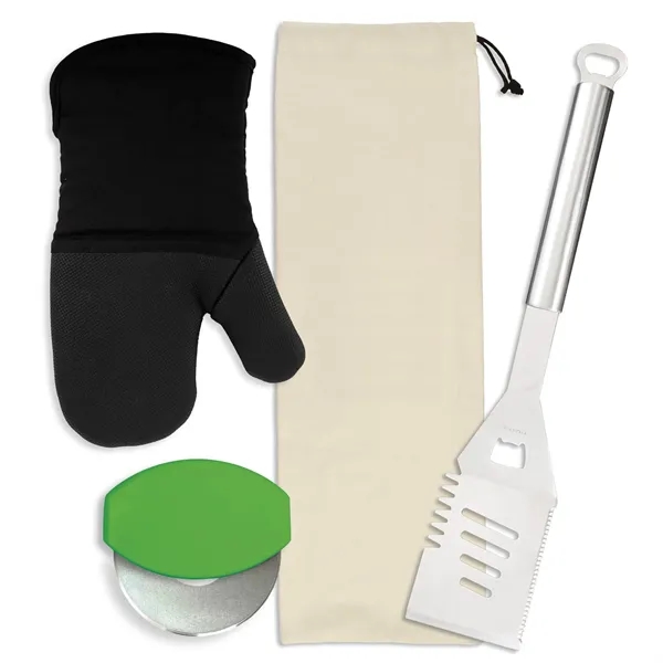 Gift set includes a stainless steel spatula, cotton neoprene oven mitt,... from ASI 54040 Fey Promo