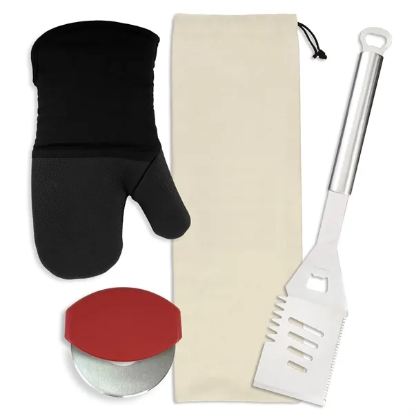 Gift set includes a stainless steel spatula, cotton neoprene oven mitt,... from ASI 54040 Fey Promo