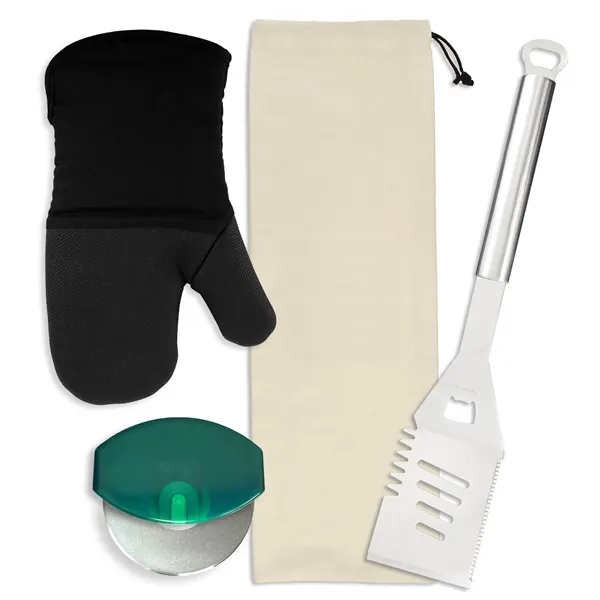 Gift set includes a stainless steel spatula, cotton neoprene oven mitt,... from ASI 54040 Fey Promo