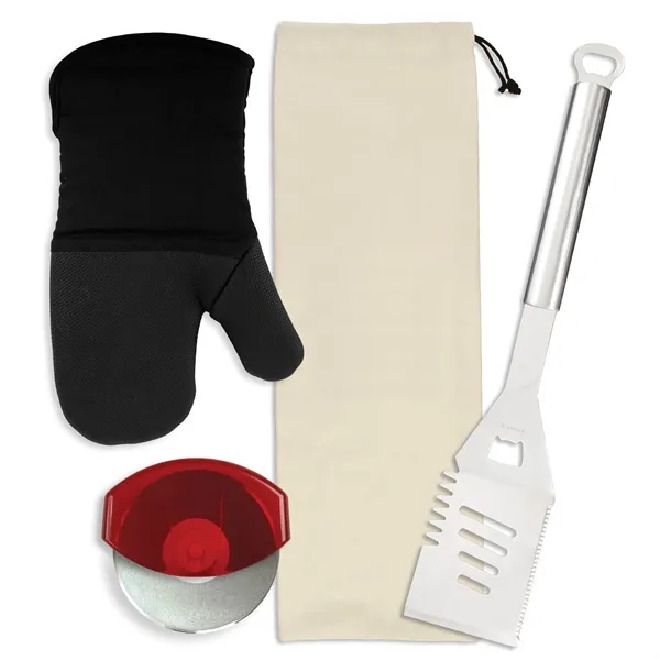 Gift set includes a stainless steel spatula, cotton neoprene oven mitt,... from ASI 54040 Fey Promo