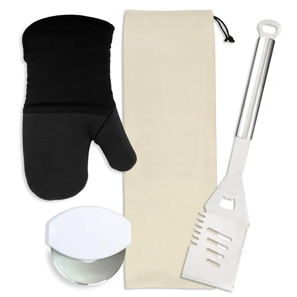 Gift set includes a stainless steel spatula, cotton neoprene oven mitt,... from ASI 54040 Fey Promo