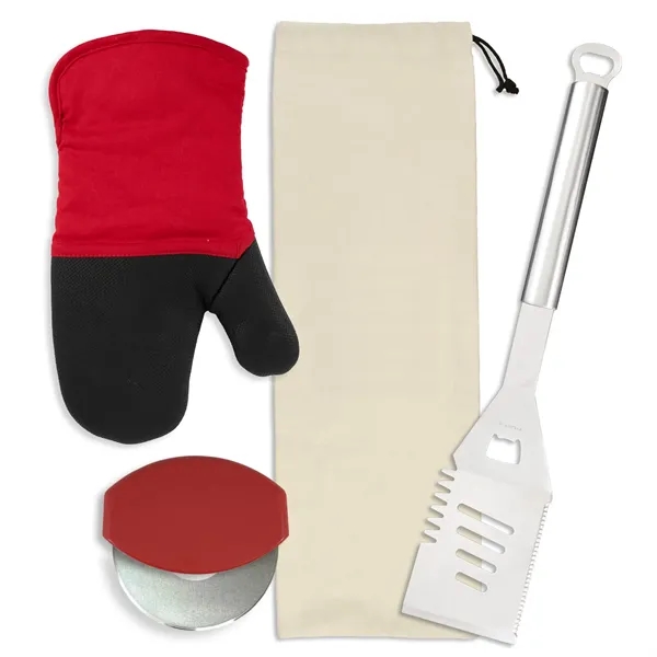 Gift set includes a stainless steel spatula, cotton neoprene oven mitt,... from ASI 54040 Fey Promo