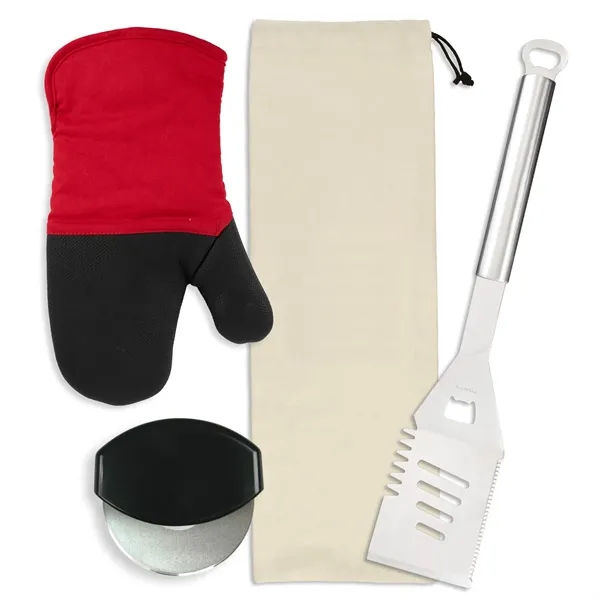 Gift set includes a stainless steel spatula, cotton neoprene oven mitt,... from ASI 54040 Fey Promo