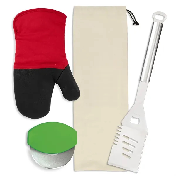 Gift set includes a stainless steel spatula, cotton neoprene oven mitt,... from ASI 54040 Fey Promo