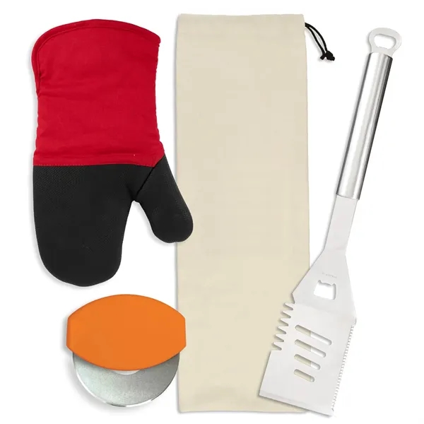 Gift set includes a stainless steel spatula, cotton neoprene oven mitt,... from ASI 54040 Fey Promo