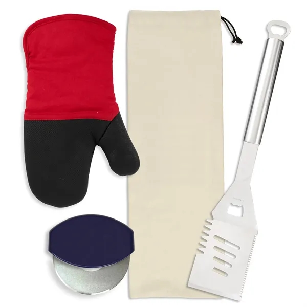 Gift set includes a stainless steel spatula, cotton neoprene oven mitt,... from ASI 54040 Fey Promo