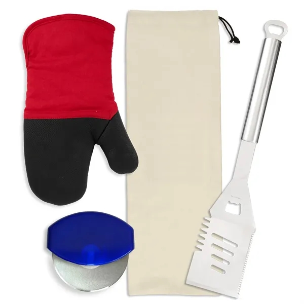 Gift set includes a stainless steel spatula, cotton neoprene oven mitt,... from ASI 54040 Fey Promo