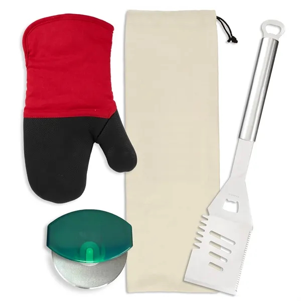 Gift set includes a stainless steel spatula, cotton neoprene oven mitt,... from ASI 54040 Fey Promo