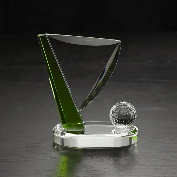 6.25" x 5.5" x 2.75" golf themed award made of glass.... from ASI 68507 The Magnet Group / Benchmark Crystal & Clocks