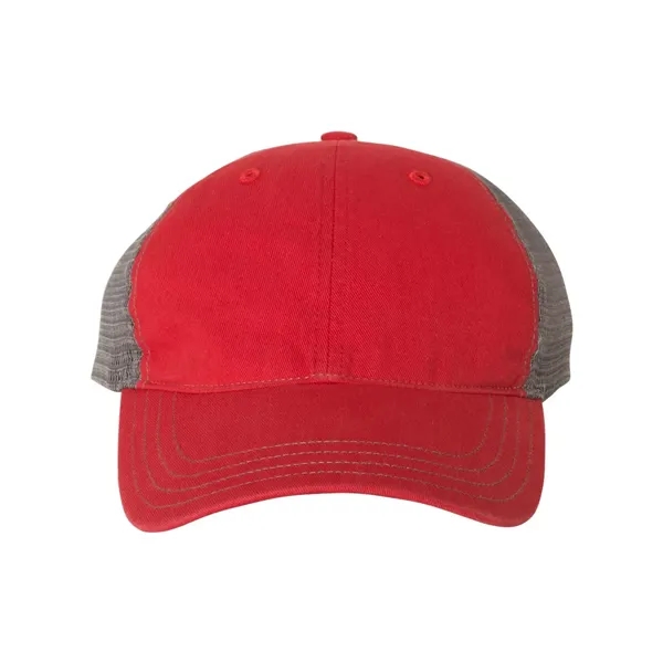 Washed trucker cap with a cotton front, mesh back, snapback closure,... from ASI 84358 S&S Activewear