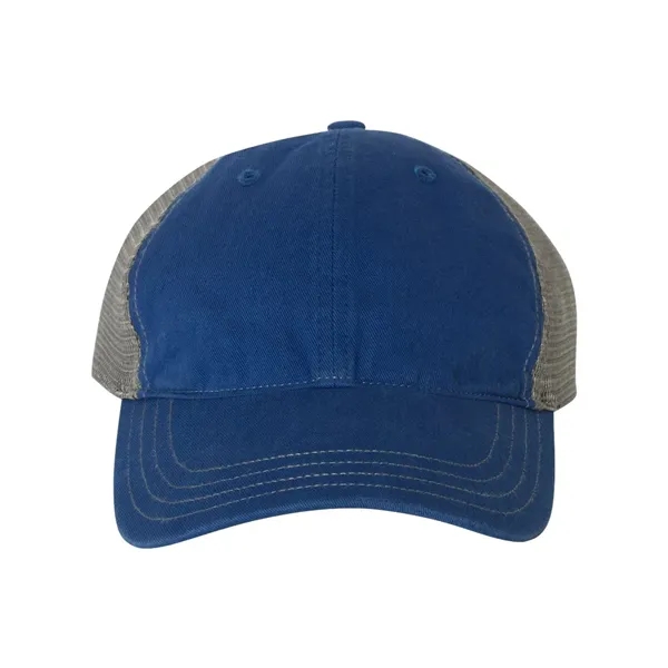 Washed trucker cap with a cotton front, mesh back, snapback closure,... from ASI 84358 S&S Activewear