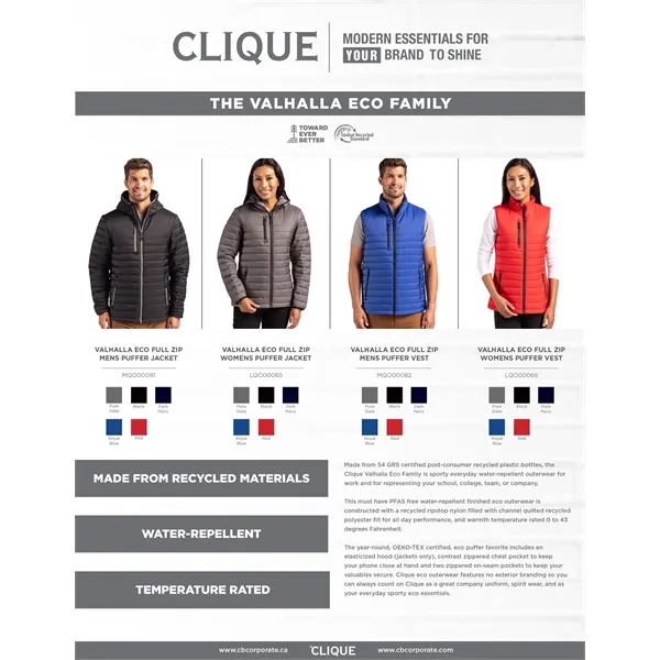 Clique Valhalla Eco Full Zip Mens Puffer Jacket... from ASI 47965 Cutter & Buck