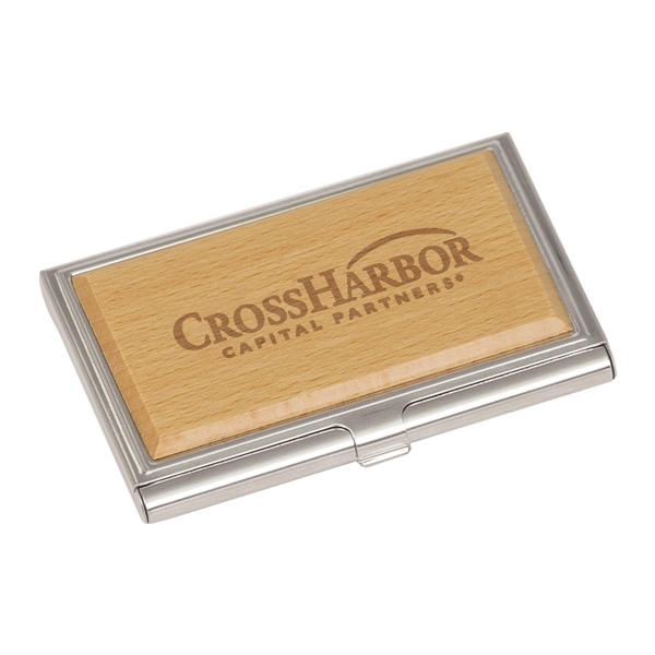 Wooden and stainless steel business card holder that holds 15-25 cards;... from ASI 74601 Calico