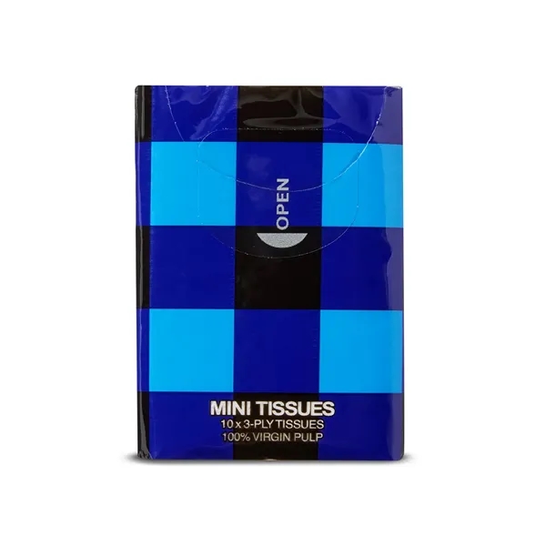 Resealable pack of pocket-sized tissues (10 ct.) with assorted color buffalo... from ASI 79530 Prime Line