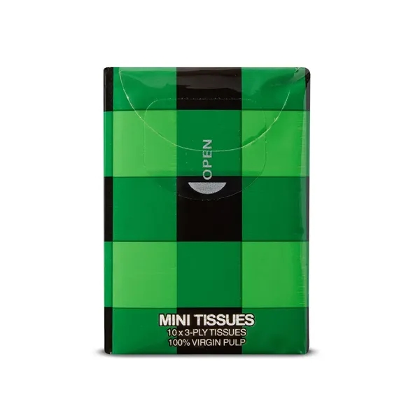 Resealable pack of pocket-sized tissues (10 ct.) with assorted color buffalo... from ASI 79530 Prime Line