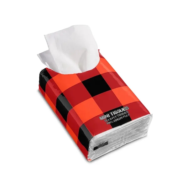Resealable pack of pocket-sized tissues (10 ct.) with assorted color buffalo... from ASI 79530 Prime Line