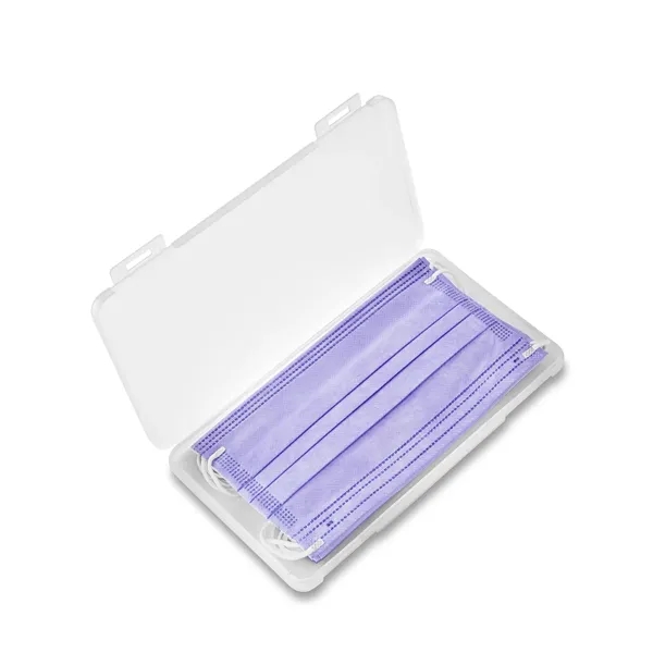 Clear frosted plastic case filled with 5 adult 3-ply masks in... from ASI 79530 Prime Line