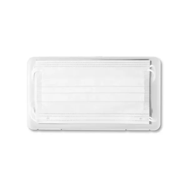 Clear frosted plastic case filled with 5 adult 3-ply masks in... from ASI 79530 Prime Line