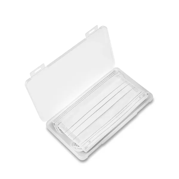 Clear frosted plastic case filled with 5 adult 3-ply masks in... from ASI 79530 Prime Line