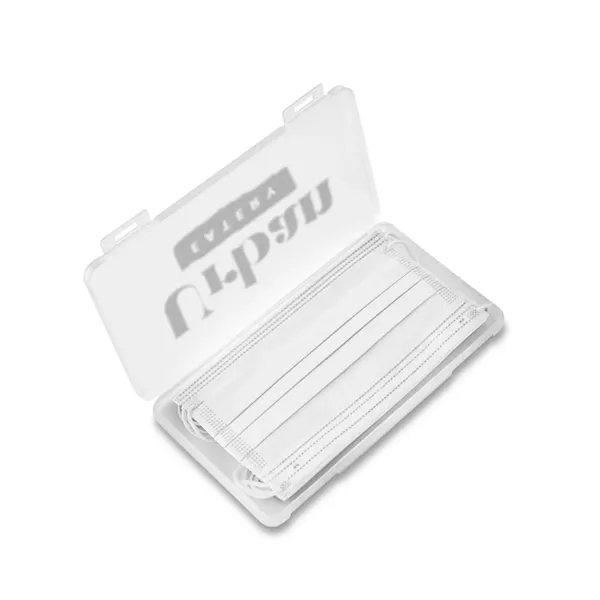 Clear frosted plastic case filled with 5 adult 3-ply masks in... from ASI 79530 Prime Line