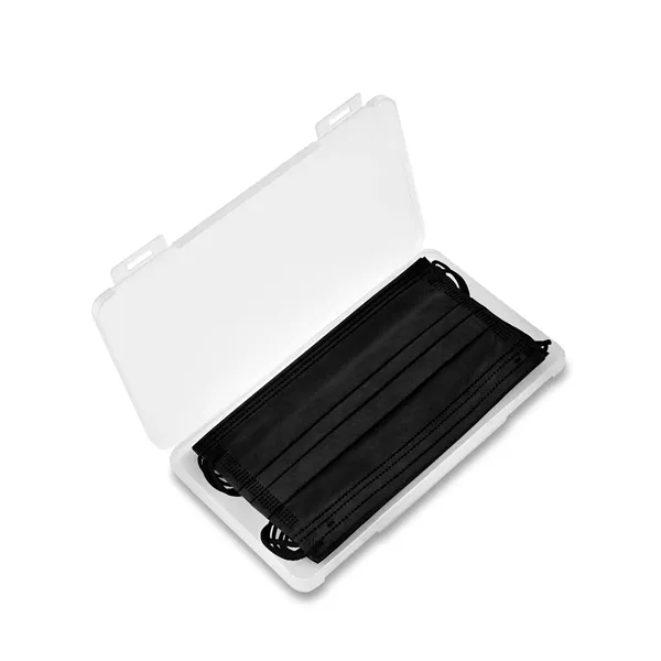 Clear frosted plastic case filled with 5 adult 3-ply masks in... from ASI 79530 Prime Line