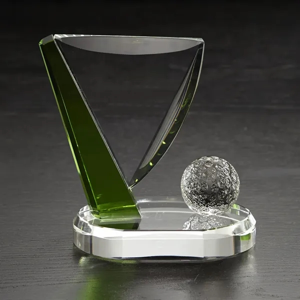6.25" x 5" x 2.75" golf themed award made of glass.... from ASI 68507 The Magnet Group / Benchmark Crystal & Clocks