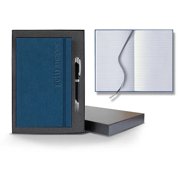 Linen banded gift set with lined journal and metal ballpoint pen... from ASI 68507 The Magnet Group / Castelli