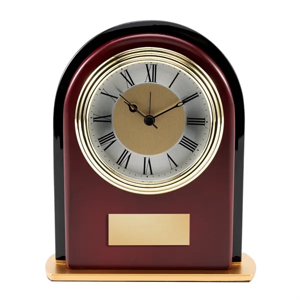 Arched rosewood clock with gold base, silver and gold dial and... from ASI 68507 The Magnet Group / Benchmark Crystal & Clocks